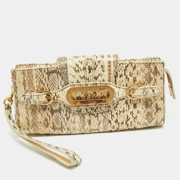 Jimmy Choo Beige Python Embossed Leather Tulita Wristlet Clutch
